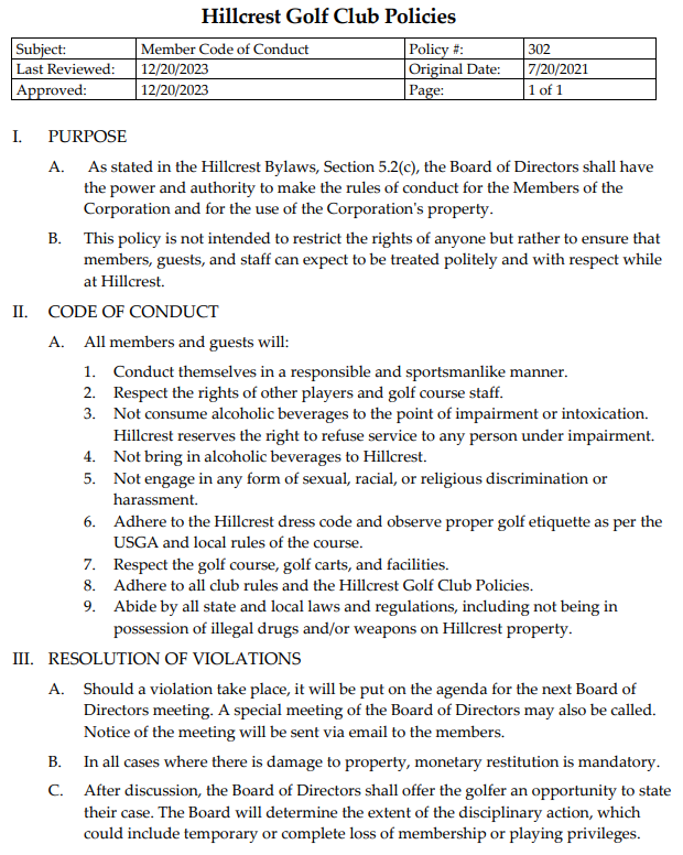 Hillcrest Code of Conduct Policy NEW